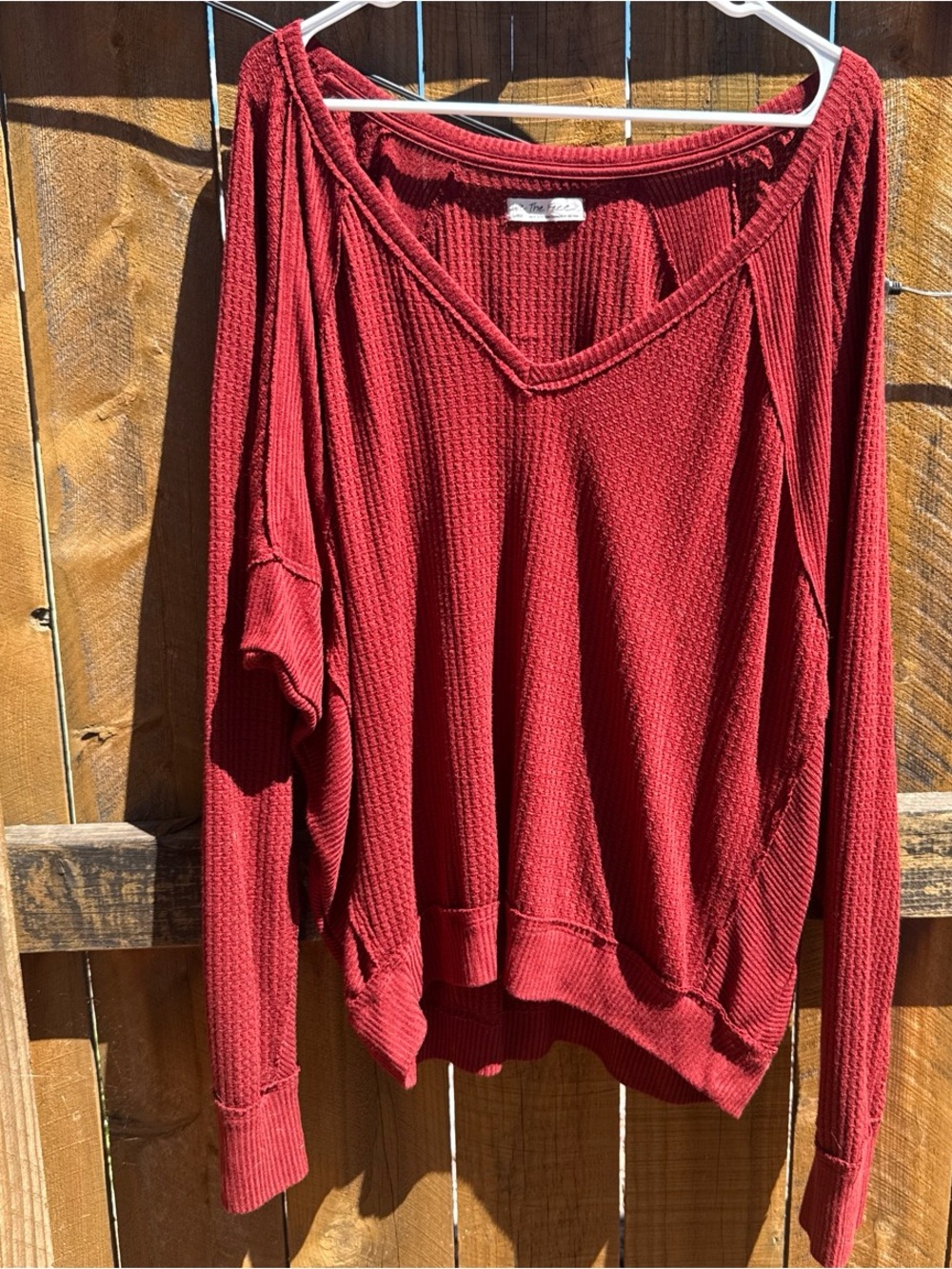 Women’s Free People Burgundy Waffle V-Neck Long Sleeve Top
